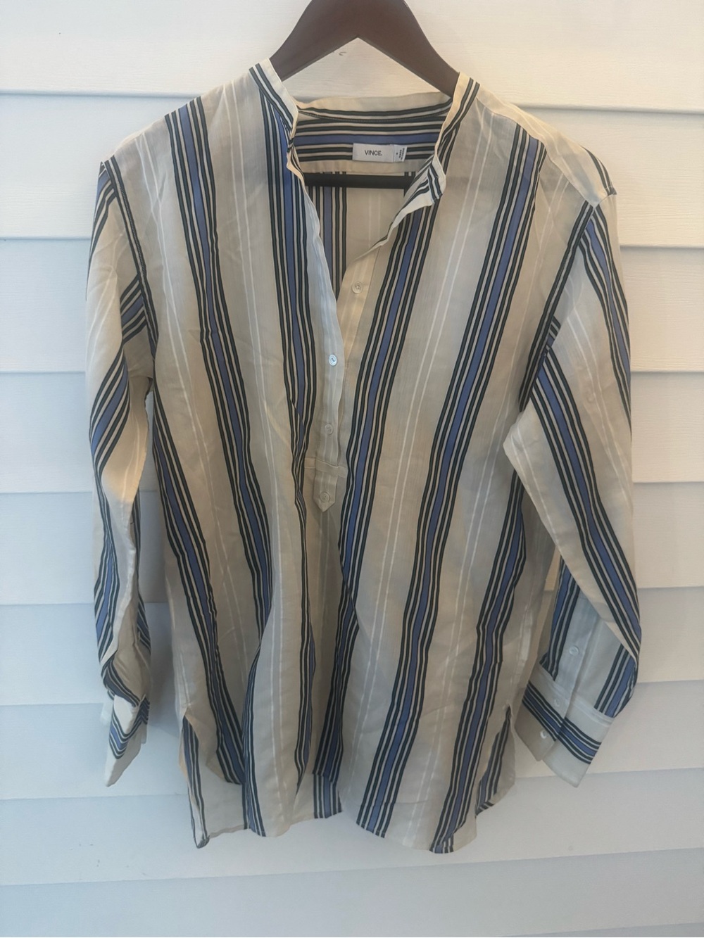 Vince Cream and Navy Vertical Stripe Grandad Collar Shirt